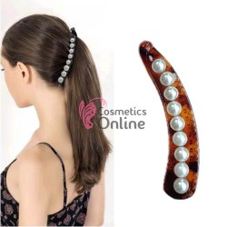 Accesoriu tip banana pentru prins parul din plastic PZS008GG - Maro cu perle 